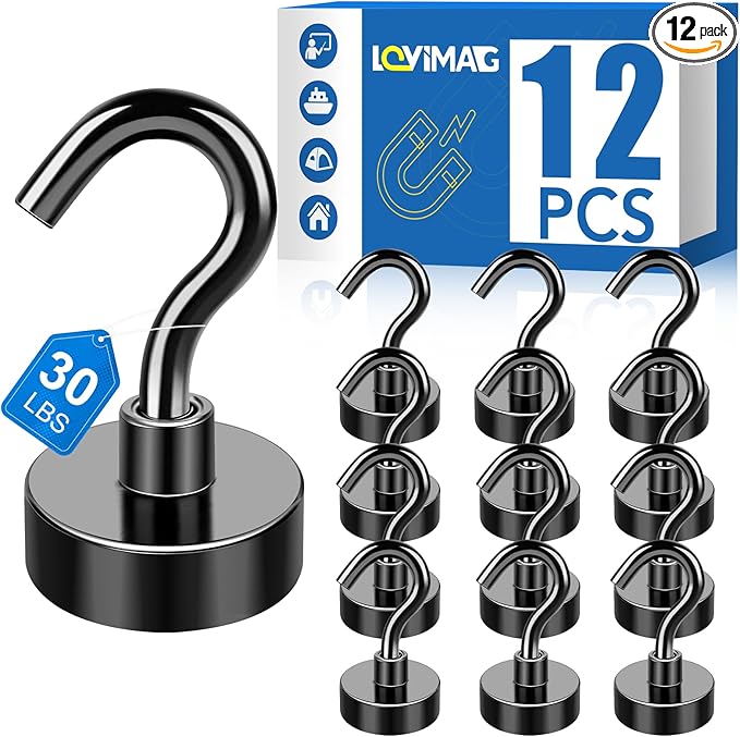 LOVIMAG Magnetic Hooks, 12 Pack 30lbs+ Magnet Hook 2026 Cruise Cabin Ship Essentials Heavy Duty Strong Magnets Refrigerator Fridge Hanging for Classroom Beach Vacation Kitchen Grills (Black)