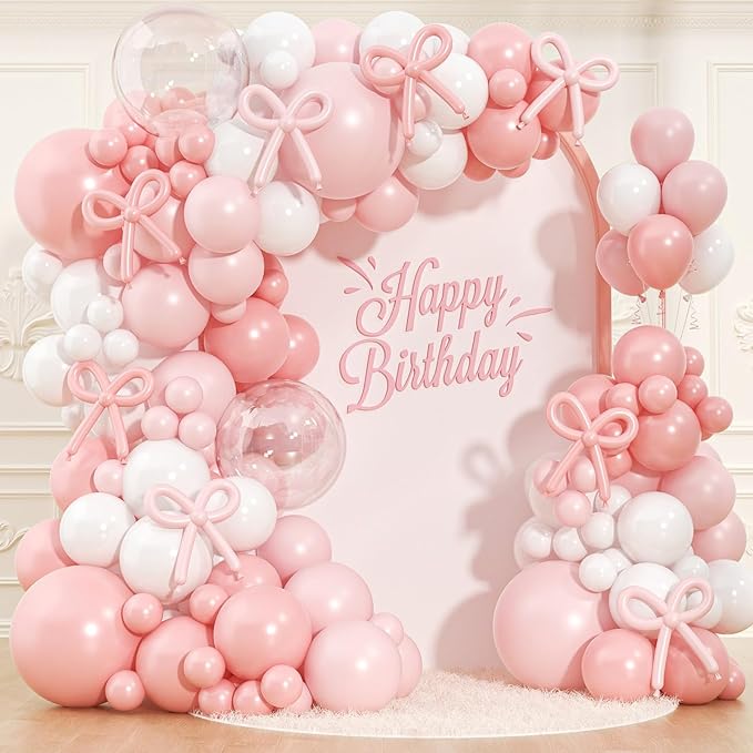HKYOOD Pink Bow Balloon Garland Arch Kit - Coquette Birthday Decorations Coquette Bow Pink and White Balloon Arch Kit Different Size for Bridal Girls Birthday Baby Shower Party Decorations