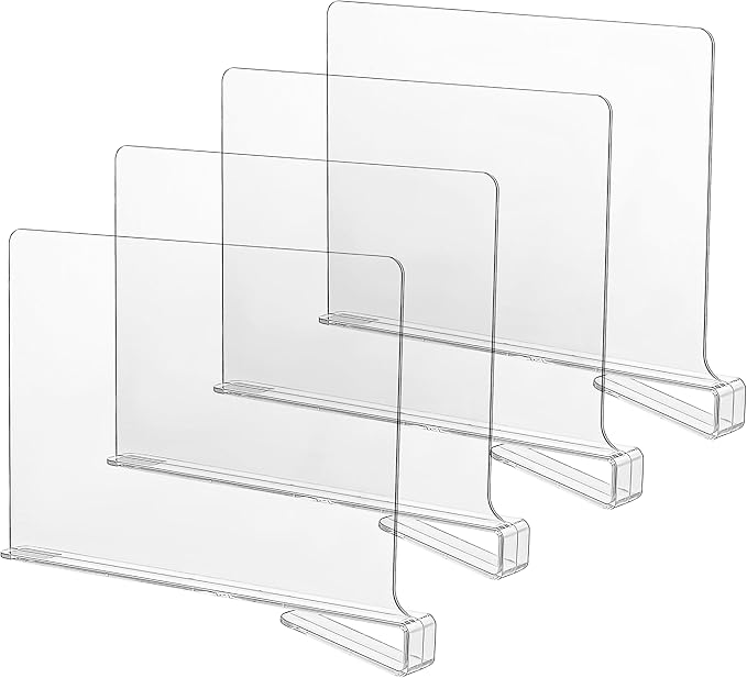 CY craft Acrylic Shelf Dividers for Closets,Wood Shelf Dividers, 4 PCS Clear Shelf Separators,Perfect for Clothes Organizer and Bedroom Kitchen Cabinets Shelf Storage and Organization