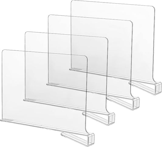 CY craft Acrylic Shelf Dividers for Closets,Wood Shelf Dividers, 4 PCS Clear Shelf Separators,Perfect for Clothes Organizer and Bedroom Kitchen Cabinets Shelf Storage and Organization