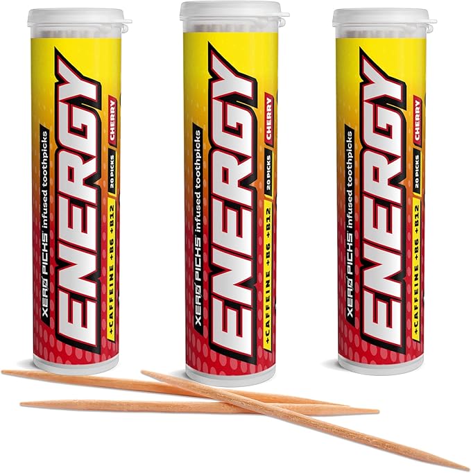 Xero Picks Energy Caffeine Flavored Toothpicks B12 for Focus & B6, 60 Picks (Pack of 3) (Cherry) Sugar-Free Alternative to Energy Mints & Gum - Kosher