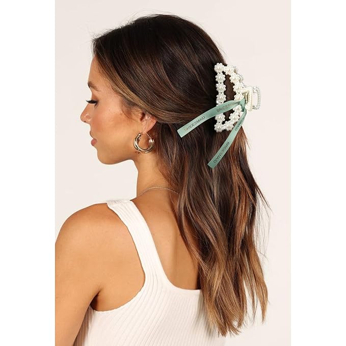 DEEKA Bridesmaid Proposal Gifts 8 Pack Pearl Bridesmaid Hair Claw Clips with Ribbon 3 Inch Hair Clips Bachelorette Party Favors Bridal Party Present Hair Accessories (Half Circle White&Green)