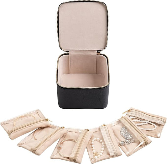 Frebeauty Small Travel Jewelry Box,Travel Jewelry Case with 6 Pouch Bags,Portable Travel Jewelry Organizer,Mini Jewelry Storage,3.35 x 4.9 x 4.8 Inches,Gift Idea for Women Girls(Black)