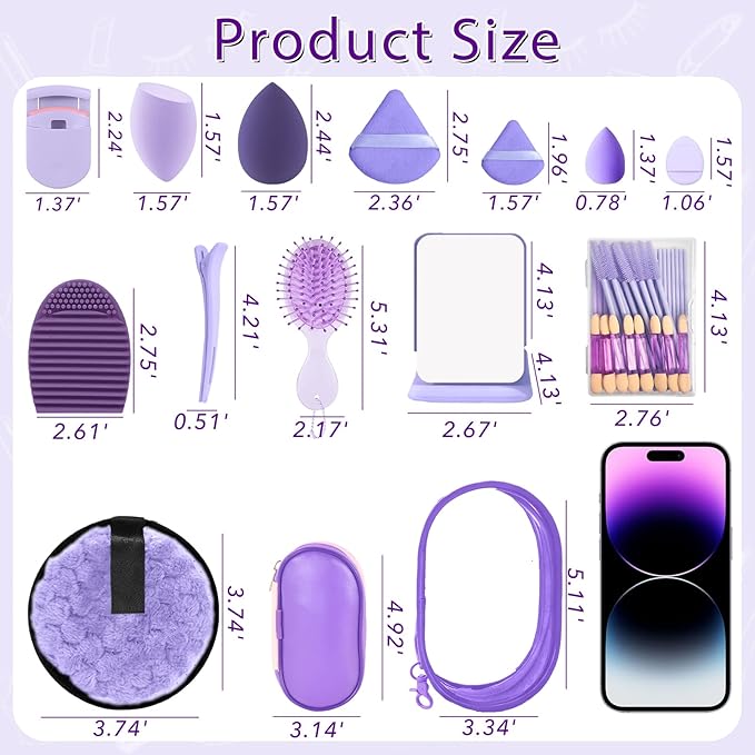 Travel Makeup Brush Set, 77Pcs Mini Makeup Kit Synthetic Foundation Concealers Eye Shadows Brushes Powder Puff with Eyelash Curler Eyebrow Razor Comb Mirror Hair Clips Cosmetic Bag (Purple)