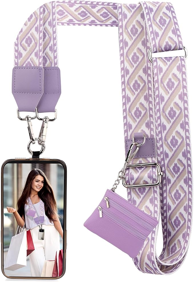 XANGNIER Clip and Go Strap for Phone with Wallet Crossbody, Phone Strap with Zippered Wallet, Adjustable Anti Theft Cellphone Lanyard for Women, Cellphone Chain Accessories,Multicolor 15