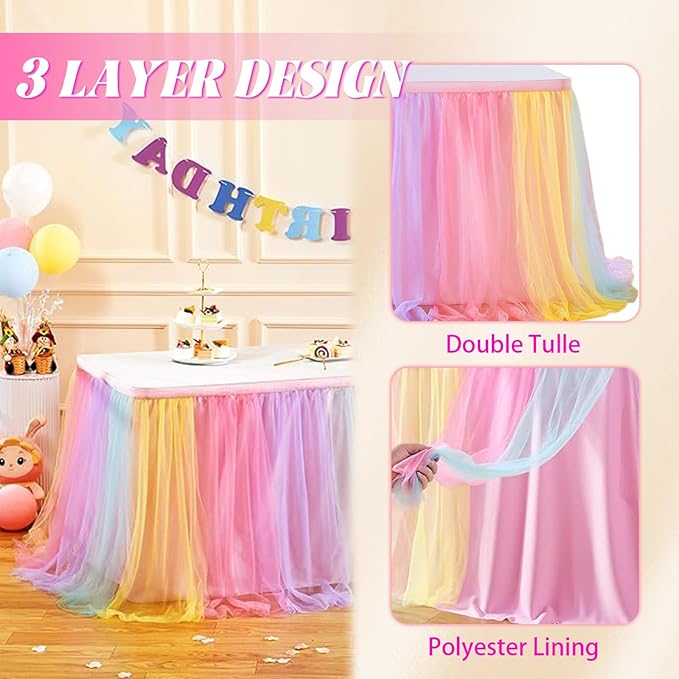 Tulle Table Skirt 3 Layer 6ft 9ft with Polyester Lining Reusable Washable Tutu Tablecloth for Wedding Party Birthday Banquet Holiday Decoration (Multicolor, 6Feet)