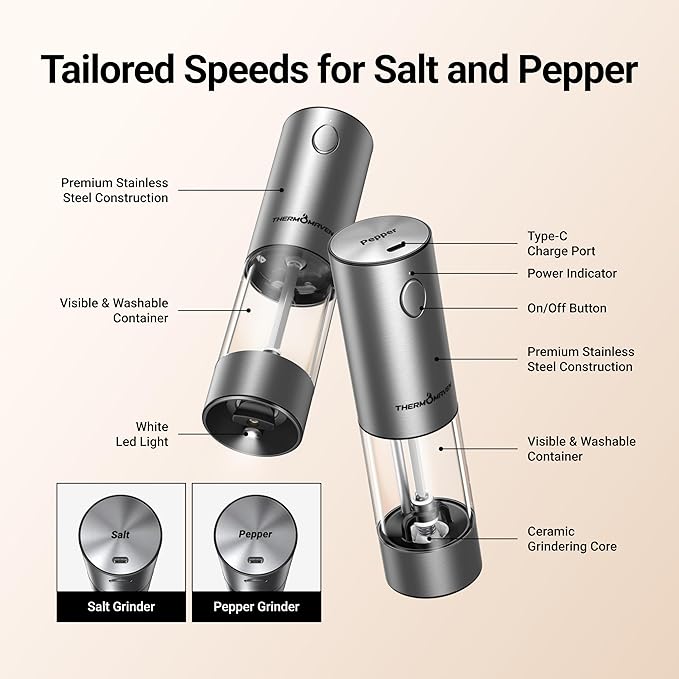 ThermoMaven Electric Salt and Pepper Grinder Set, 110ml Larger Rechargeable Automatic Salt and Pepper Mill Grinder with 6 Adjustable Coarseness, Electric Salt and Pepper Shakers, LED, Midnight Black