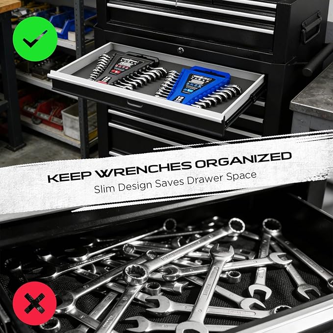2-Piece Magnetic Wrench Organizer, 24-Slot Wrenches Holder Set with Lock Cover Metric 6–18mm & SAE 1/4-3/4", Wrench Rack Tool Trays with Carrying Handle for Wall Mount Toolbox Drawer Storage