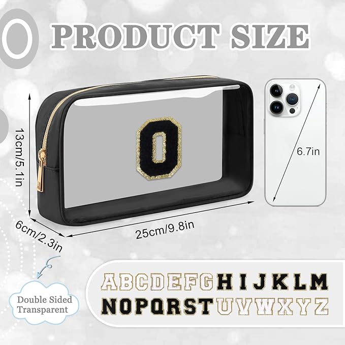 Small Clear Personalized Initial Makeup Bag, Preppy Nylon A-Z Chenille Letter Patch Makeup Organizer TSA Approved Travel Toiletry Bag,Waterproof Zip Beach Cosmetic Pouch Purse for Women(Black-Black O)