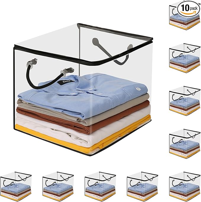 10 PCS Clear Zippered Storage Bags with Handles,Sweater Storage with Two-Way Zipper,Foldable Closet Organizer Bed Sheet Organizer,Cube Plastic Organizer,Bag,Bin for Clothes,Towel-BK