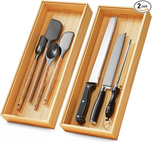 Bamboo Kitchen Drawer Organizer Boxes – 15" x 6" Stackable Wood Silverware Utensil Tray for Drawers Bins, Cutlery & Flatware Storage – Wooden Organizers Set of 2 for Junk Drawer, Bathroom, RV