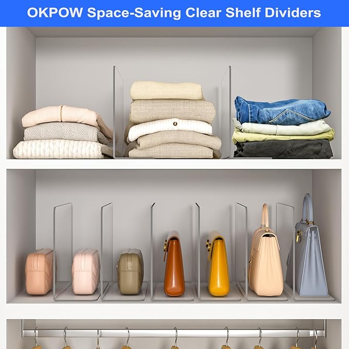 OKPOW Shelf Dividers Closet Organizer - 7.5" Tall X 11.8" Deep Acrylic Clear Sturdy Separate for Clothes Purse - Adjustable Space Saver Easy Install for Home Organization Enthusiasts 8 Pack