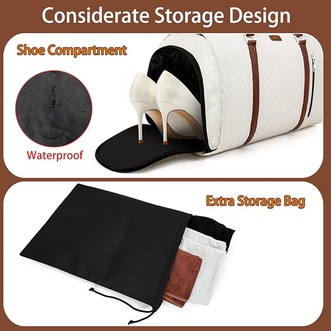 Convertible Garment Duffle Bags for Travel - Carry On Garment Bags With Toiletry Bag, Large Weekender Bags for Women Men 2 in 1 Hanging Suitcase Suit Travel Duffel Bags (White)