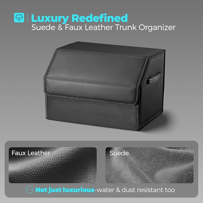 Fyzeoty Car Organizers for Trunk for SUV Sedan, Leather Storage Box, Magnetic Lid, Collapsible and Adjustable, 16.5 inches