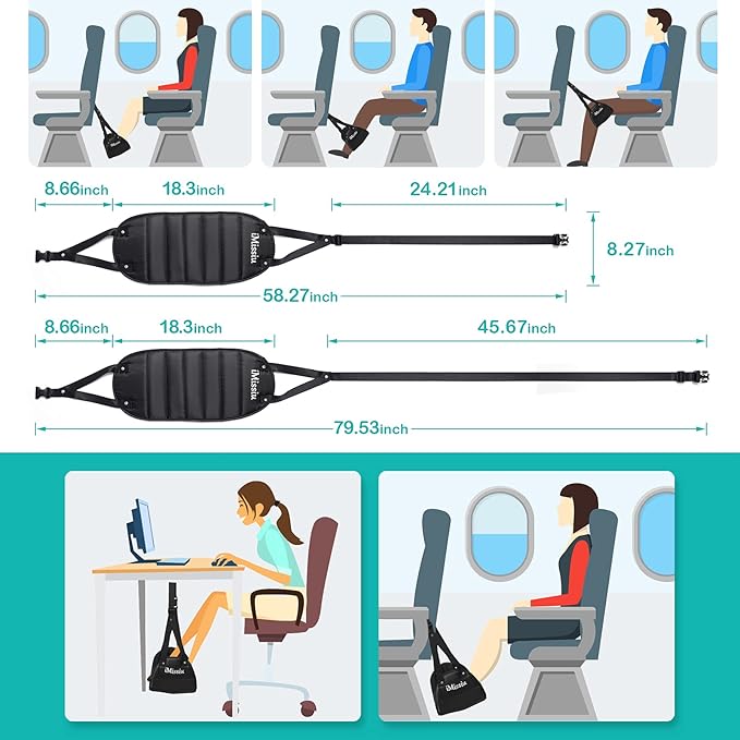 Airplane Foot Hammock | Adjustable Travel Footrest with Memory Foam | Portable Footrest Under Desk for Work Or Travel Relaxation | Comfortable Flight Carry-on Foot Rest - Black