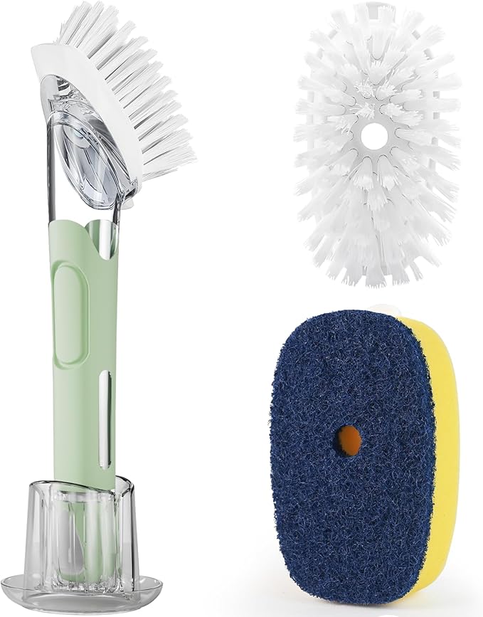 Dish Brush with Soap Dispenser Storage Set with 2 PCS Brush Refills & Holder, Dish Scrubber with Soap Dispenser, Dish Soap Brush, Dish Wand with Soap Dispenser for Dishes, Pans, Sink, Pots (Green)
