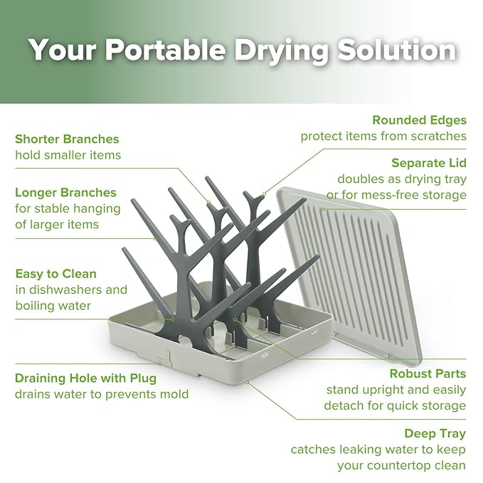 haakaa Portable Baby Bottle Drying Rack with Tray, Space Saving Bottle Drying Tree for Bottles/Pump Parts/Pacifiers,Easy-Store Dryer Rack Great for Home & Travel, BPA Free (Grey)