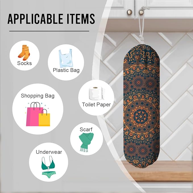 Boho Large Plastic Bag Holder, Reusable Grocery Bags Holder for Wall Mounting, Boho Car Trash Bags, Kitchen Essentials, Housewarming Gifts, Kitchen Pattern Garbage Bag 65