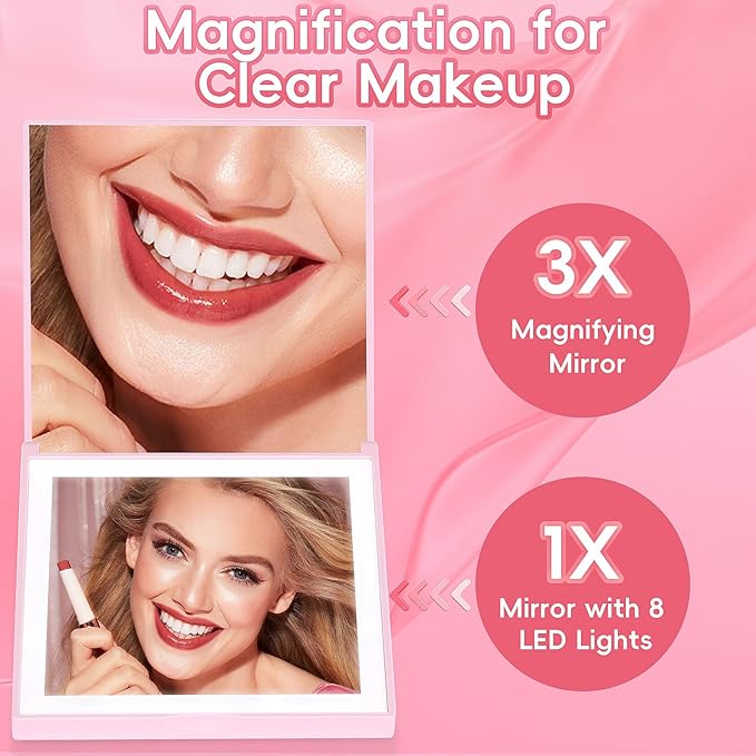 ALLROSE Compact Mirror, 1X/3X Magnifying Travel Mirror with Light Small Purse Mirror Pocket Mirror for Makeup, Mini LED Portable Handheld Makeup Mirror Travel Essentials Gifts for Women Girls, Pink