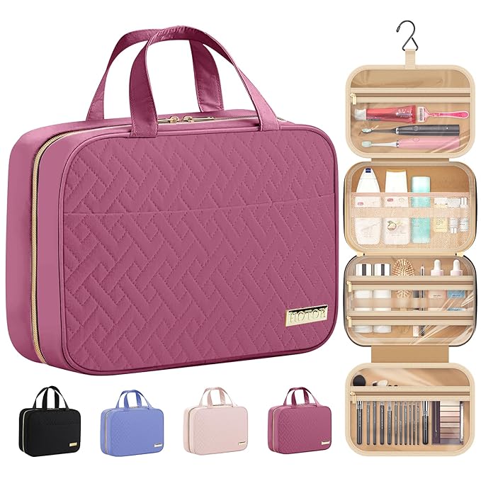 HOTOR Travel Toiletry Bag - Hanging Toiletry Bag for Women & Men, Makeup Bag/Big Compartment, Waterproof for Travel Accessories, Travel Essentials, Medium, Rosewood-Pink