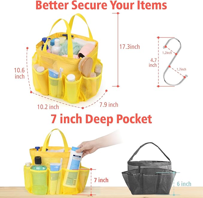 F-color Mesh Shower Caddy Portable, Upgraded Deeper 7-Pocket Shower Bag Basket Tote for College Dorm Room Toiletry Bathroom Essentials Gym Camp Quick Dry with 2 Handles and S Hook, Yellow