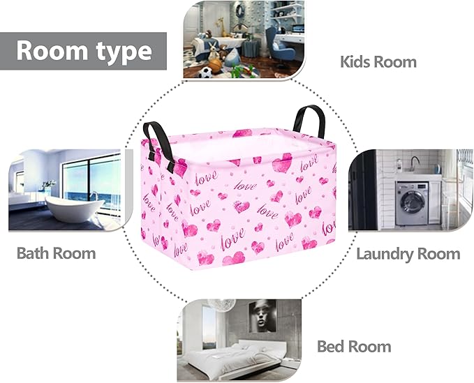 Rec Heart Print Box Hamper Storage Basket Collapsible Organizer Bin Gift Shelf Baskets for Home and Kitchen Storage