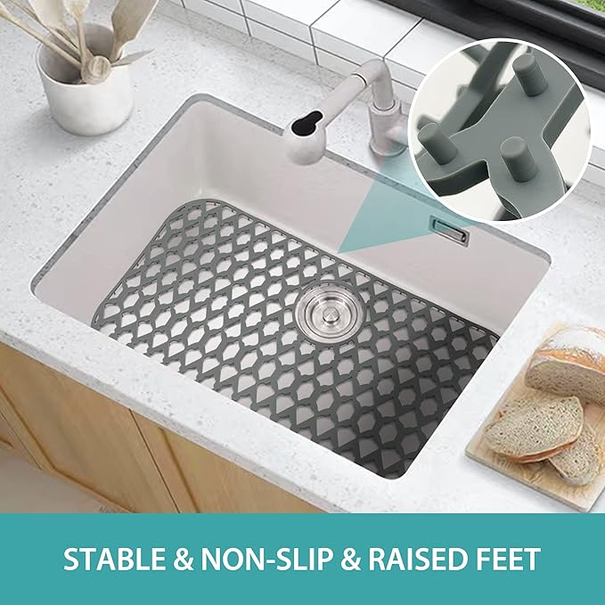 Sink Protectors for Kitchen Sink, Kitchen Sink Accessory - Silicone Mats Grid for Stainless Steel Strainer Bottom of Farmhouse Porcelain sinks (28”x14.4”, Rear Drain)