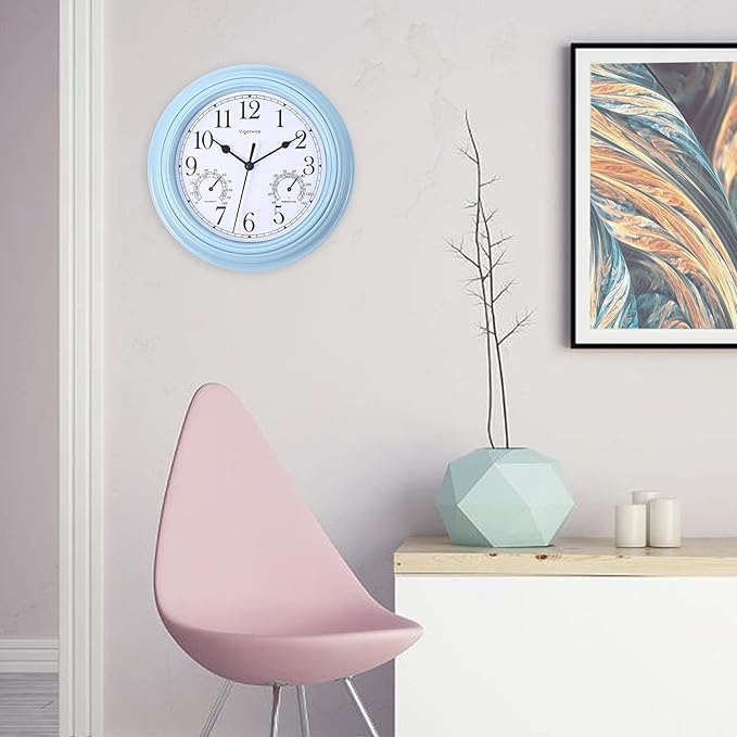 Wall Clock, Sweep Silent Movement Accurate Clocks with Temperature & Humidity, Decorative for Kitchen/Living Room/Bedroom/Office/School/Classroom (Blue, 9 inch)
