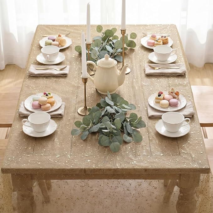 Horaldaily Coffee Gold Gauze Tablecloth 60x104 Inch Rectangular, Golden Sequin Glitter Metallic Foil, Sheer Tulle Cheesecloth for Wedding Baby Shower Ceremony Birthday