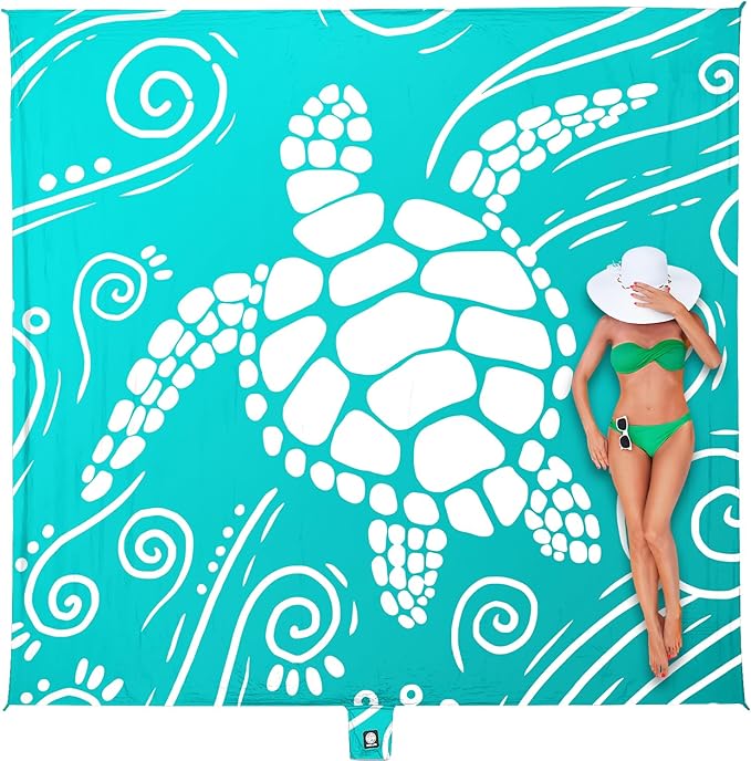 WEKAPO Beach Blanket Waterproof Sandproof Oversized Extra Large Sand Free Beach Mat with Stakes, Storage Bag - Essentials for Outdoor Beach, Picnic (Gradient Teal Sea Turtle, 8 X 7 FT (1~4 Person))