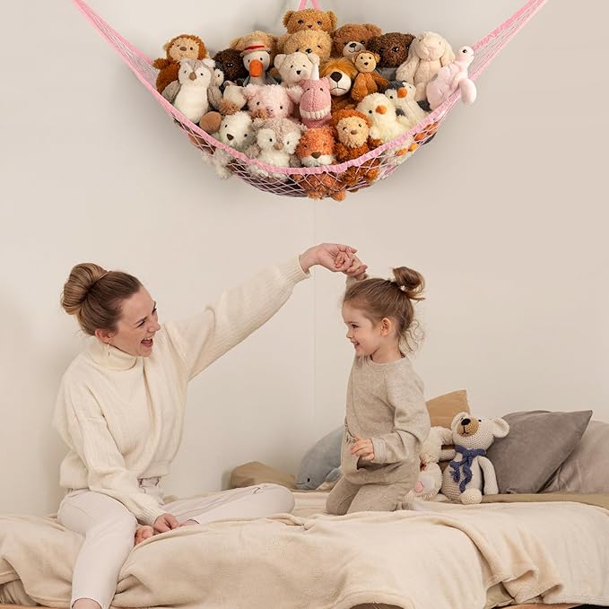 Stuffed Animal Storage Hammock Net Corner - Large Toy Hammock Net for Stuffed Animals Room Decor - Cute Stuff Animal Organizer Holder for Plush Plushie - Kids Baby Nursery Wall Bedroom Home Decor