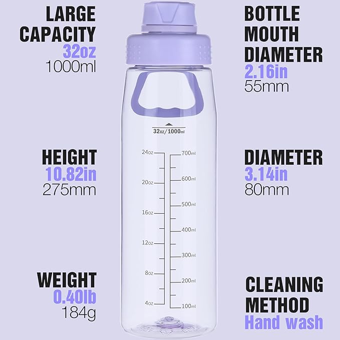 Water Bottle 32oz, clear water bottle with Spout Lid and Carry Handle, Reusable, Tritan, BPA Free, Hiking Water Bottle Suitable for Travel, Outdoors, Gym, Travel, Home, School (Light purple)