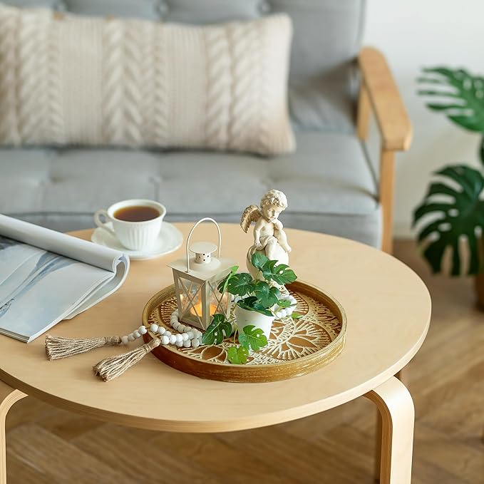Hanobe Round Decorative Tray for Centerpiece: 2Pcs Vintage Coffee Table Trays with Boho Bead Garland for Home Decor - Farmhouse Wood Serving Platter Circle for Kitchen Counter Women