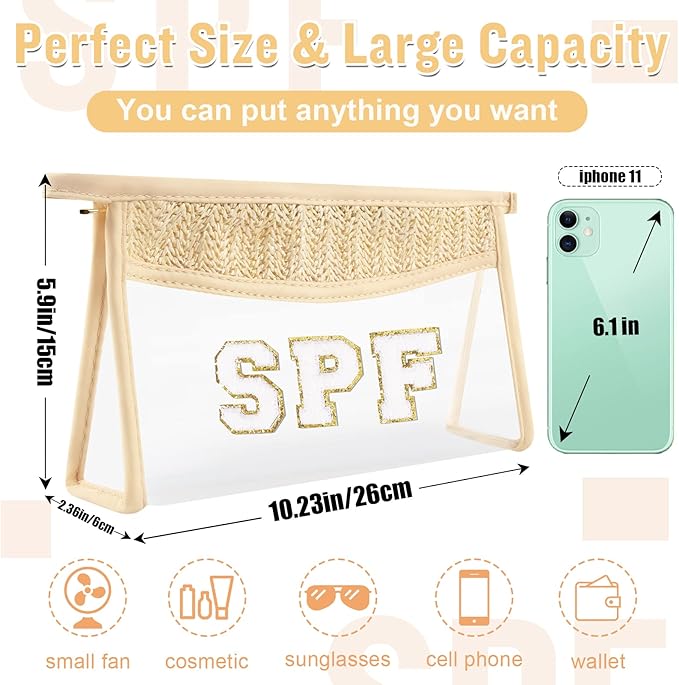 Clear Makeup Letter Patch Makeup Bag SPF Pouch, Boho Clear Toiletry Bag Travel Preppy Small Cute Stadium Letter Cosmetic Zipper Pouch Purse, Transparent Waterproof Beige Beach Makeup Pouch Clutch(SPF)
