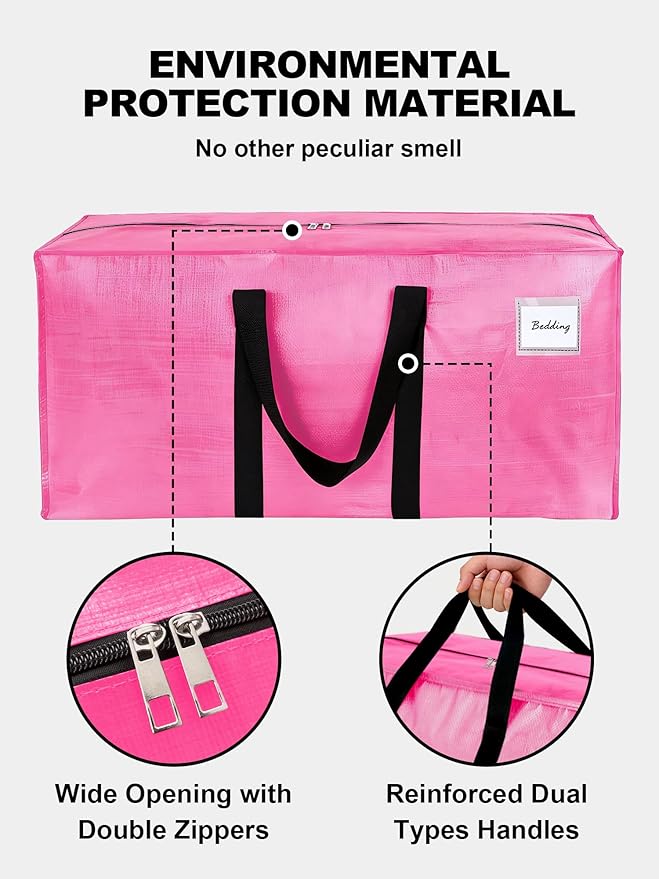 HOMESURE Supports 200lbs Heavy Duty Moving Bags - Strong Zipper & Wrap-Around Handles - Water-Resistant Storage Totes, Durable Alternative to Moving Boxes - 12 Pack - Pink
