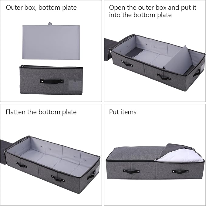 Omygarden Foldable Fabric Sturdy Under Bed Storage Box with 6 Handles, Zipper Lid, Blankets Clothes Comforters Storage Bin Organizer for Bedroom and Closet, 35x 16.5 x 7inch, Black Grey