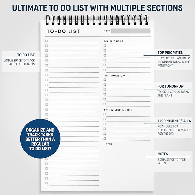 To Do List Notepad: With Multiple Functional Sections - 6.5 x 9.8" 60 Sheets - Spiral Daily Planner Notebook - Task CheckList Organizer Agenda Pad for Work - Note & Todo List Organization Notebooks