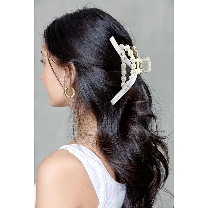 DEEKA Bridesmaid Proposal Gifts 8 Pack Pearl Bridesmaid Hair Claw Clips with Ribbon 3 Inch Hair Clips Bachelorette Party Favors Bridal Party Present Hair Accessories (Half Circle White&Purple)