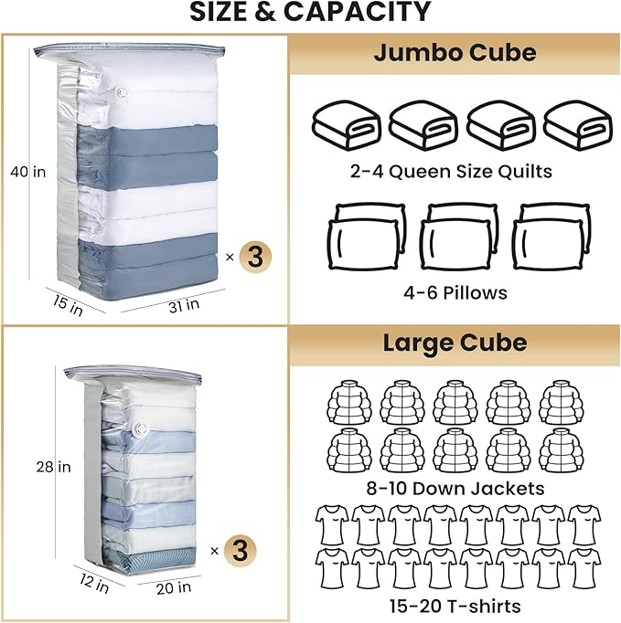 TAILI 6 Pack Vacuum Storage Bags, Cube Space Saver Bags Combo (3 Jumbo +3 Medium), Vacuum Seal Bags for Bedding, Clothing, Comforters, Blankets, Closet Organizer and Storage