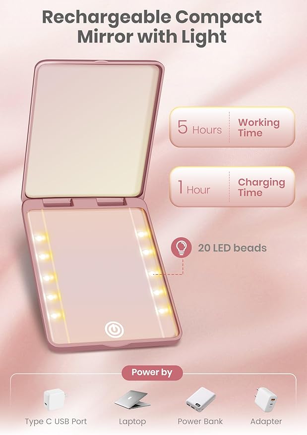 Compact Mirror, Rechargeable 30X Magnifying Mirror with 3 Lighting Modes & Dimmable Brightness, Portable Travel Makeup Mirror with Light, Essentials for Travel, Pocket, Purse, Gifts for Women Rose