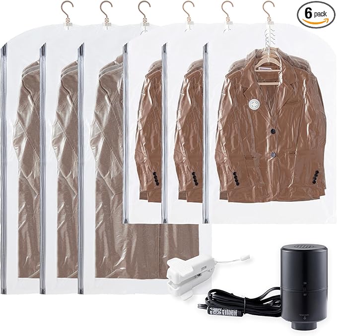 TAILI Hanging Vacuum Sealer Suction Space Saver Storage Bags for Clothes Travel with Electric Air Pump and Rolling Slide Clip for Coats, Closet Organizers, 3 Long 3 Short