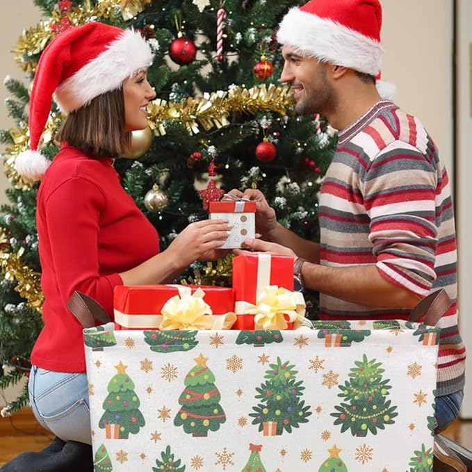 Rectangle Christmas Basket,Candy Storage Basket with Handles,Kids Gift Storage Box,Cute Canvas Organizer Bin for Pet,Books Basket,Toys Bin,Gift Baskets(Christmas Tree)