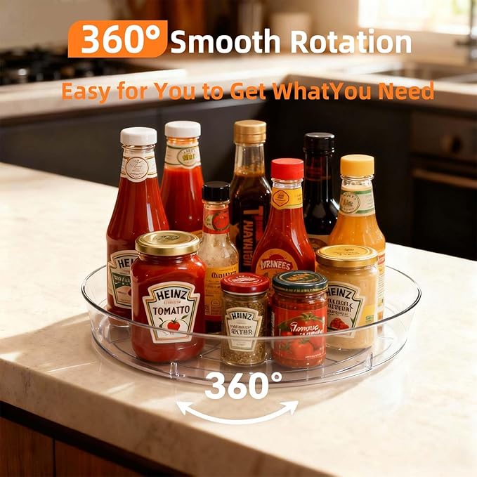 Lazy Susan Turntable for Spice Organization | Clear BPA-Free Plastic Rotating Organizer for Kitchen Cabinet, Pantry, Countertop, Fridge | 360-Degree Rotating Base (10 inch - 4 Pack)