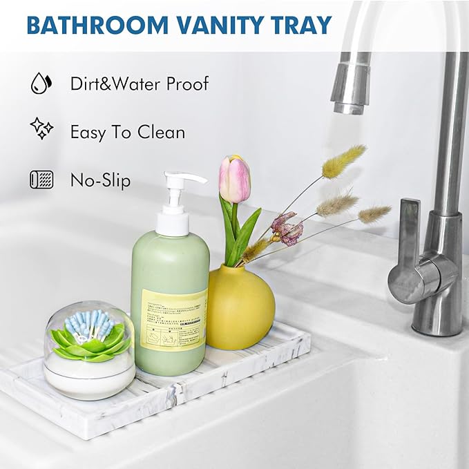Bloss Counter Marble Tray and Soap Holder - 15.7" Silicone Bathroom Vanity Trays for Kitchen Counter, Toilet Tank Tray, Great Storage Trays for Perfume, Jewelry, Candle, Key