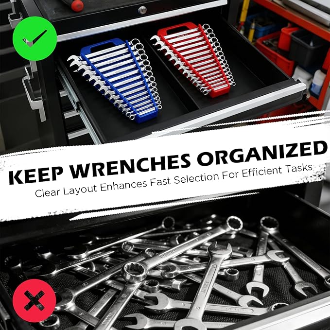 2-Pack Magnetic Wrench Organizer with Non-Slip Handle, 24-Slot Heavy-Duty Wrench Rack Holders for Toolbox & Drawer Storage, Fits SAE 1/4"-1-1/16" and Metric 6mm-24mm Wrenches