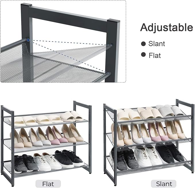 SONGMICS Shoe Rack, 3-Tier Shoe Organizer, Metal Shoe Storage for Garage, Stackable Shoe Shelf, with Adjustable Flat or Angled Shelves, 9-12 Pairs, Charcoal Grey ULMR03GB