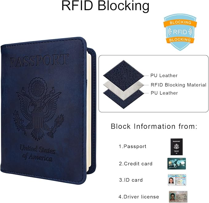 WALNEW Passport Holder for Travel, RFID Passport Cover Wallet for Women Men, PU Leather Passport Book Card Holder Case with Pen, Travelling Essentials for Flying