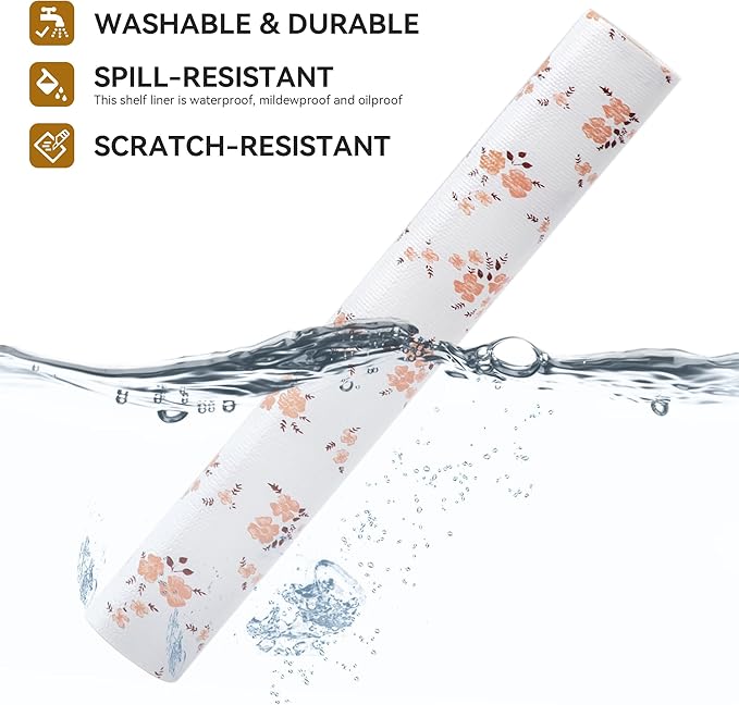 RAY STAR Shelf Liner, Non Adhesive Pink Orange Floral Printed Kitchen Cabinet Liner for Pantry Drawer Vanity, Strong Grip Non Slip, Shelf Liners for Kitchen Cabinets Cupboard 12 Inch x 10 FT (3 Rolls)