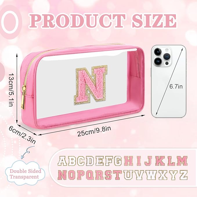 Small Clear Personalized Initial Makeup Bag,Nylon Preppy A-Z Chenille Letter Patch Cosmetic Pouch Beach Toiletry Bag,Waterproof Zipper Travel Purse Storage Bag Organizer for Women Girls(Pink-Pink N)