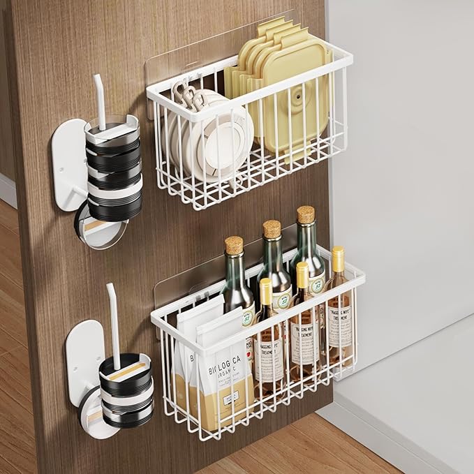 4 Pack Adhesive Cabinet Door Organizer, Lid Organizers Inside Cabinet Food Container/Tumbler Lid Organizer and Storage Cup Lids Holder for Kitchen & Bathroom Wall Mounted (White)